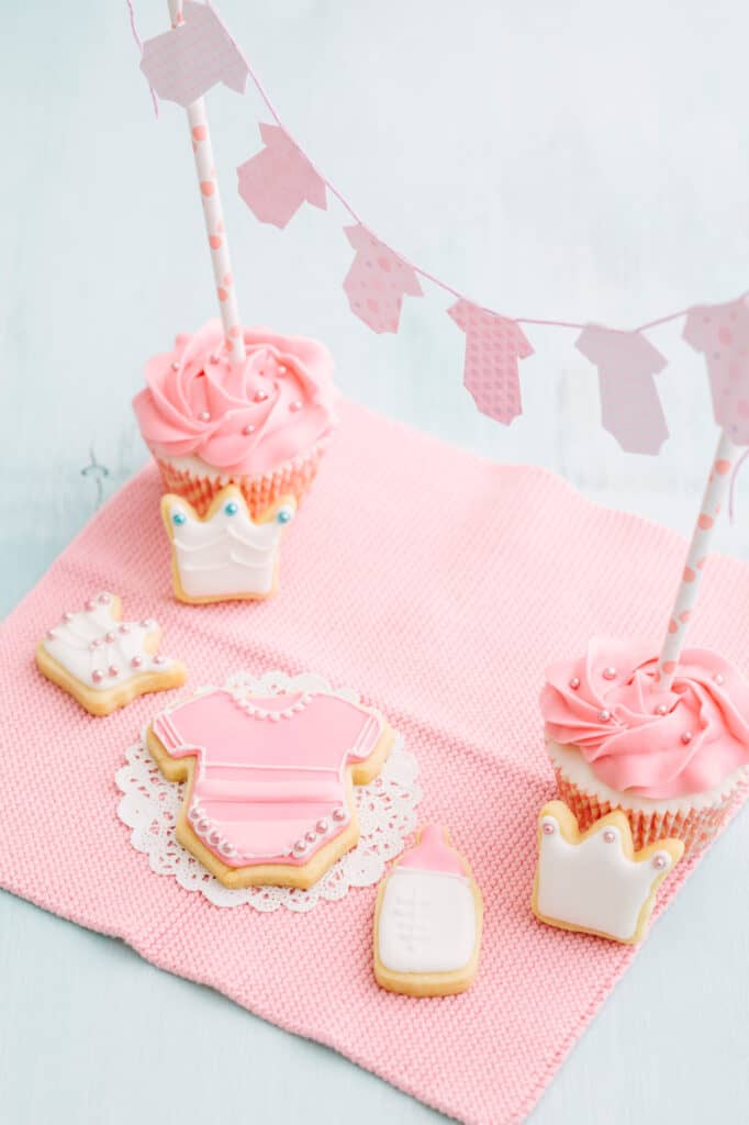 pink baby cookies on a napkin
