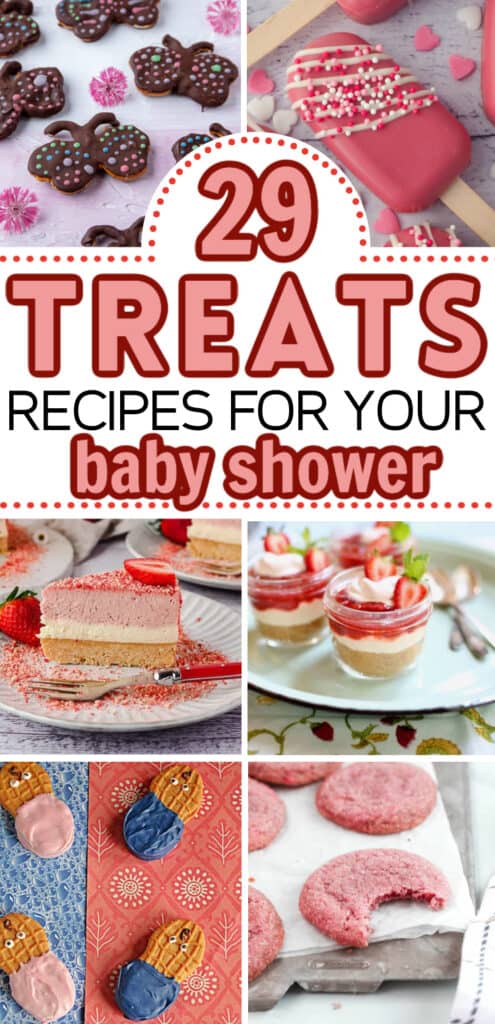 baby shower treats in a collage for pinterest